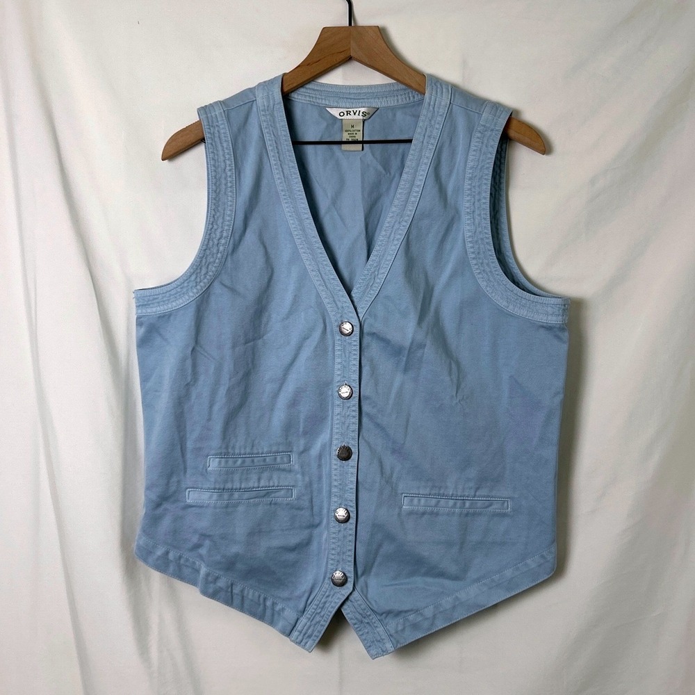 Orvis Women Twill Button Front V-Neck Vest Size M Light Blue Cotton Western